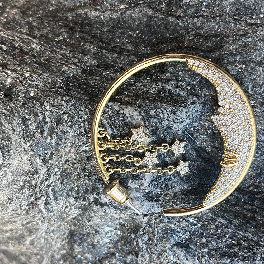 Estate large Celestial gold plate moon and stars crystal earrings pierced